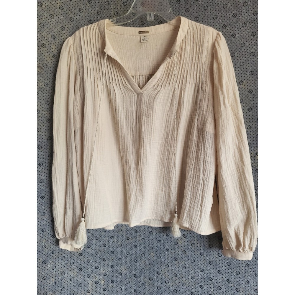 Magaschoni Blouse Women's Size Med Beige Long Sleeve Organic Cotton Boho Gauzy